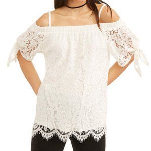 Pretty off the shoulder white lace top with bows women's medium